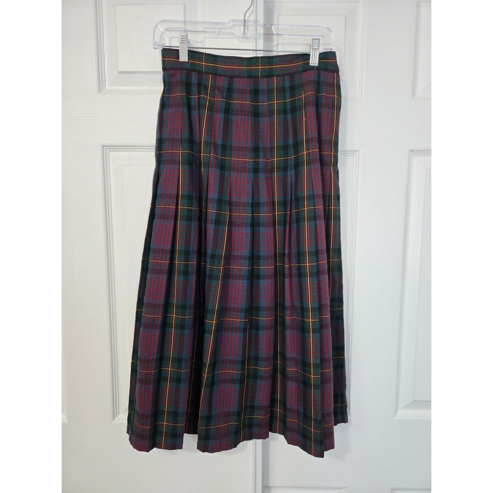 Vintage Plaid Pleated Midi Skirt Green Red Blue Wool Blend Tartan Academic‎ 8